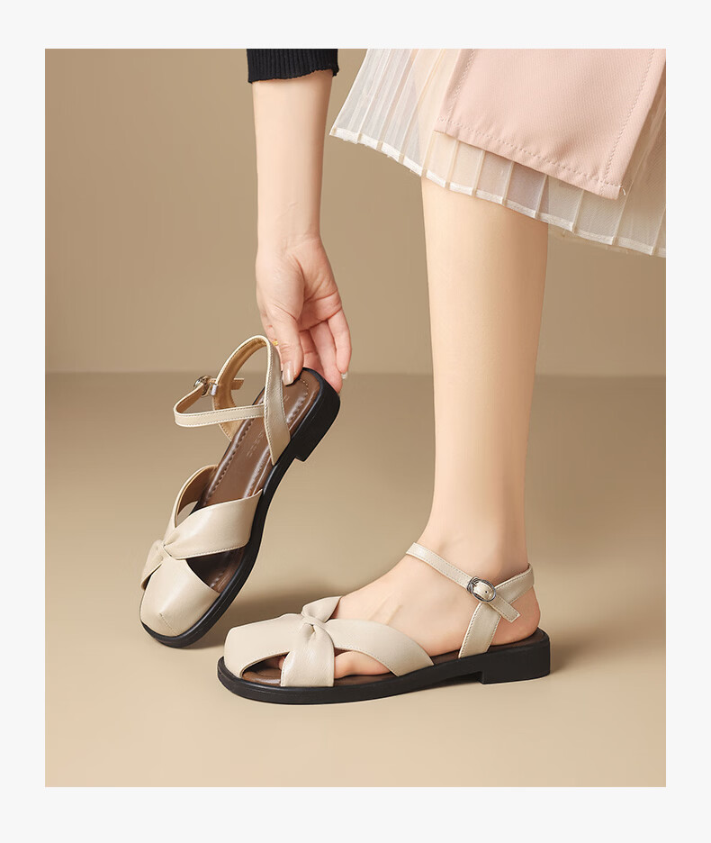 ZHR Flat Sandals Women Vintage Hollow-out Roman Shoes 2026 Summer New Beach Shoes Women KN272 Beige Brown Size 37 9