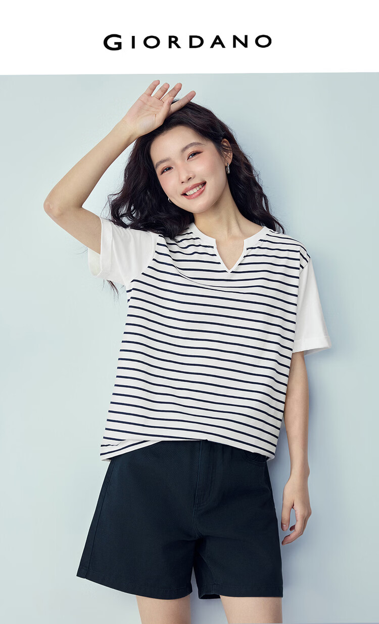 Giordano Women's Summer New Cotton Patchwork Striped Loose V-Neck Casual T-Shirt 13326234 3