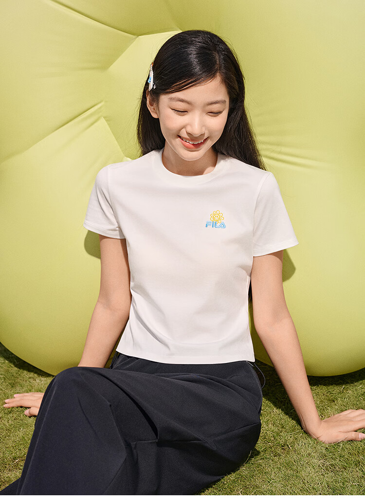 FILA Official Women's Knitted Short Sleeve Shirt 2026 Summer Casual Slim Fit Cool Cotton Cropped T-Shirt 33