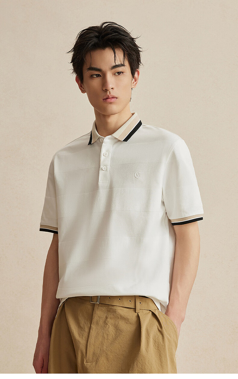 CABBEEN Textured Knit Striped Polo Shirt Men Color-Block Cuffs and Collar Design 2026 Summer Breathable Polo Shirt 4