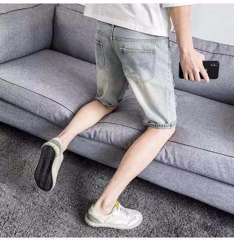 Ripped Denim Shorts Men's Summer Thin 2026 New Casual Loose Washed 5 Five-point Pants Straight Breeches, White And Blue 28_viptrois.com