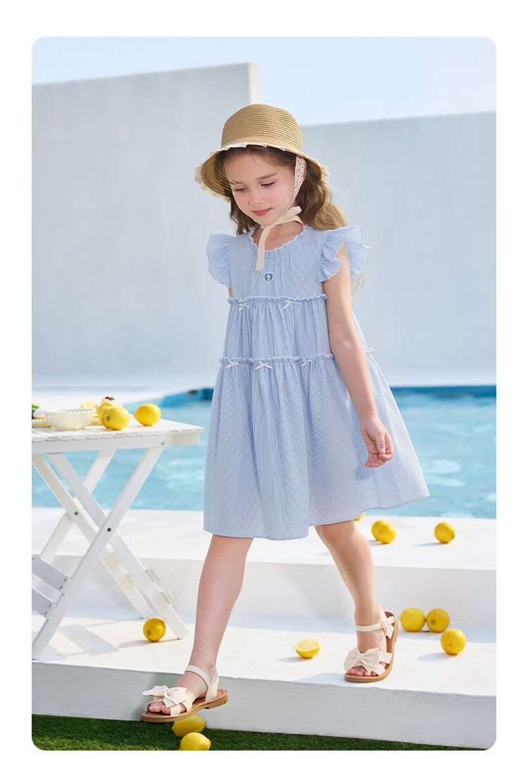 Disney Girls' Striped Summer Dress with Cap Sleeves, Blue and White Thin Stripes, Size 150 10