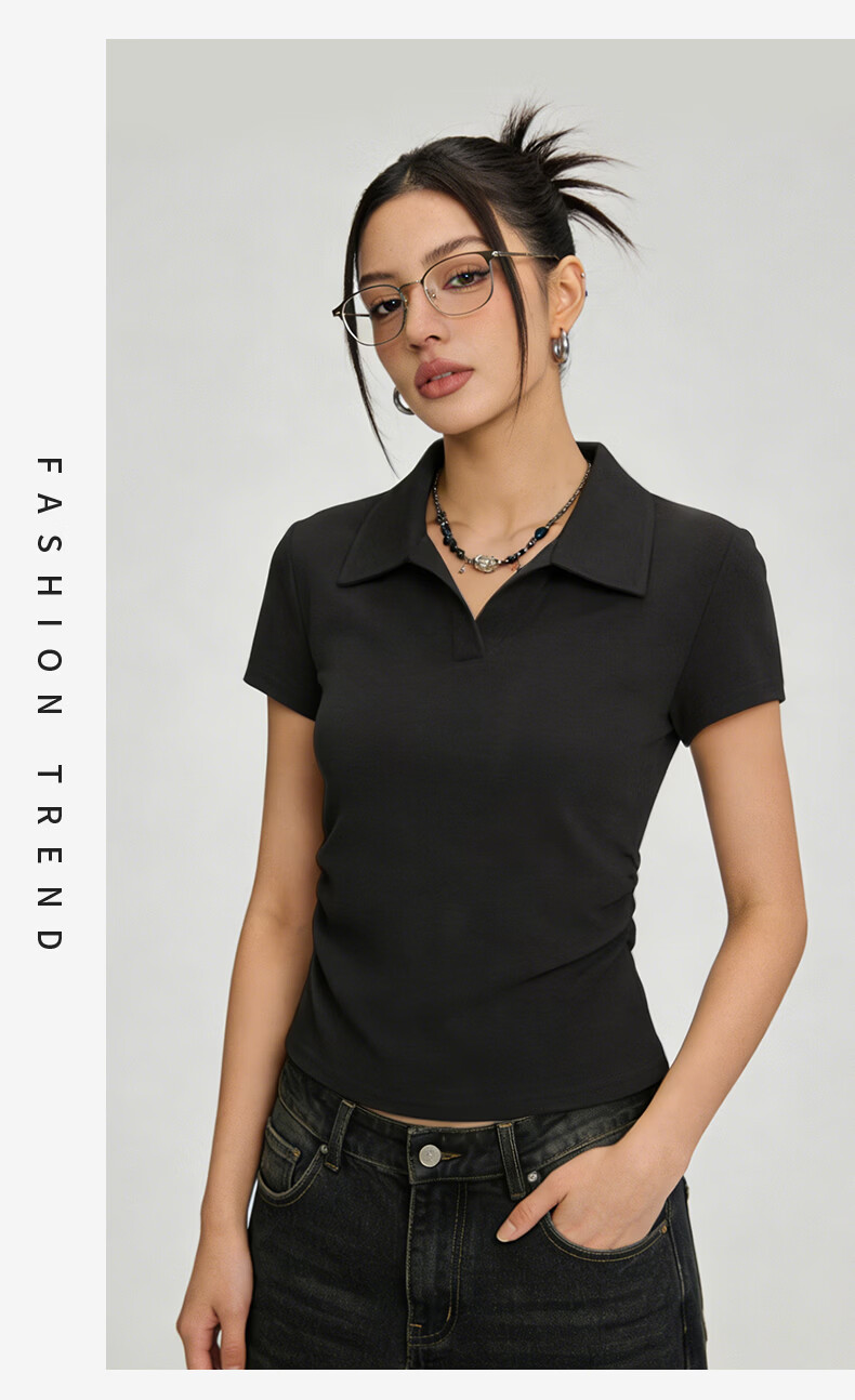 La Chapelle Women's Summer Korean Style Turn-Down Collar Short Sleeve T-Shirt with Side Pleats, Waist Slimming, Slim Fit, Versatile Short Top 22