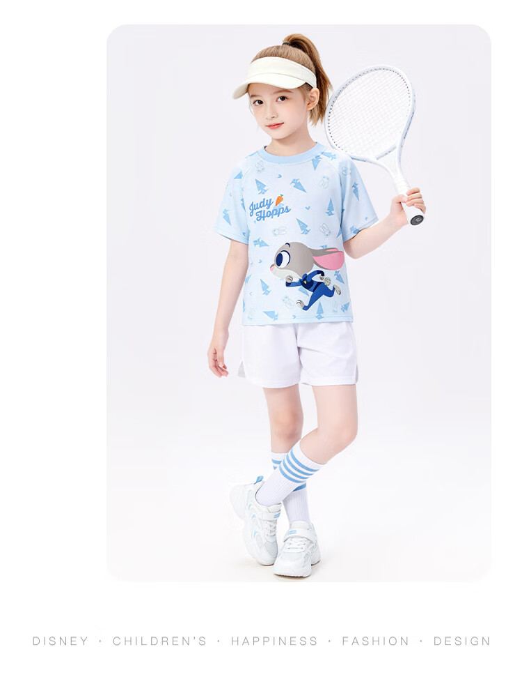 Disney Girls Short Sleeve 2026 Summer New Children's Sports T-Shirt Girls Ice Silk Mesh Quick-Dry Top Blue 130 9