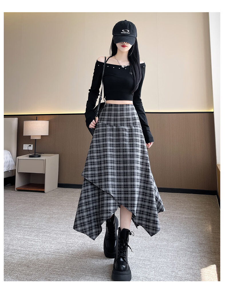 Langsha Irregular Checkered High-Waist Loose Slimming A-Line Mid-Length Skirt for Women Autumn 2026 New Style 17