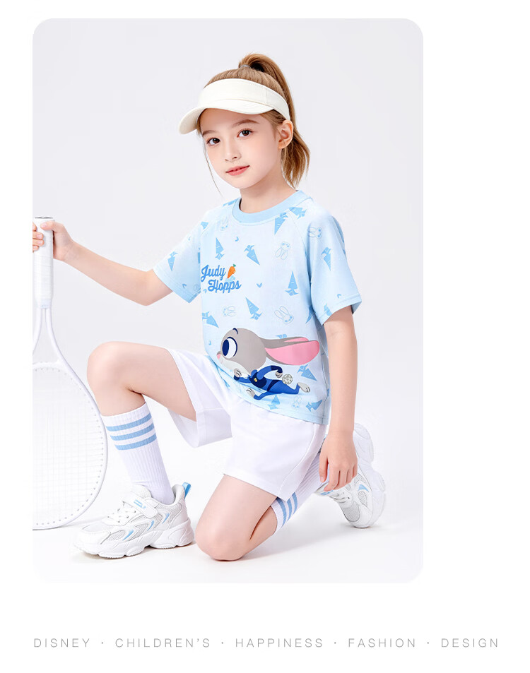 Disney Girls Short Sleeve 2026 Summer New Children's Sports T-Shirt Girls Ice Silk Mesh Quick-Dry Top Blue 130 8