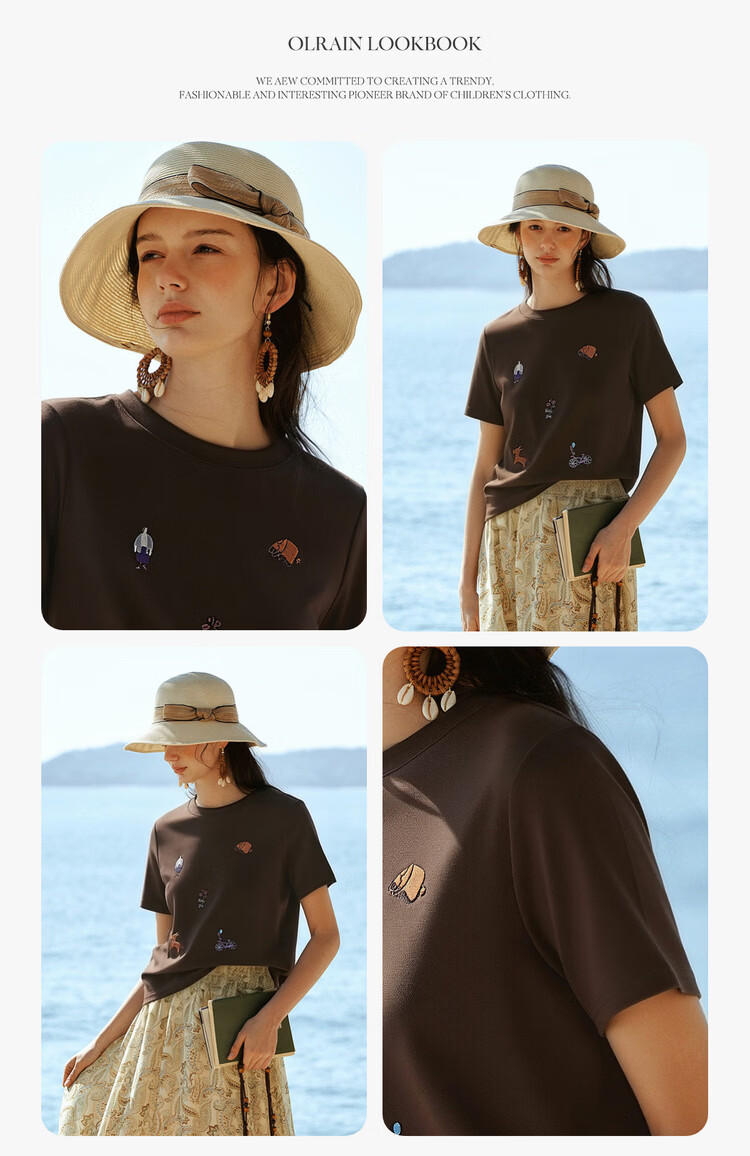 Olrain Classic Embroidered Crew Neck Short Sleeve T-Shirt Women Summer New Commuter Casual Top Brown XL 10