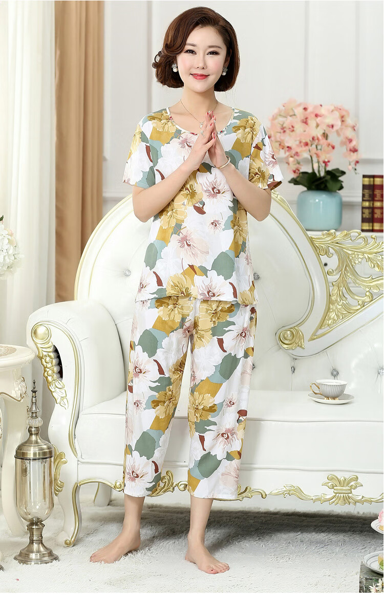 睡衣女夏季中年妈妈棉绸中老年人短袖绵绸人造棉大码家居服套装 白蓝