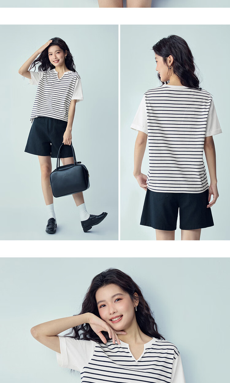 Giordano Women's Summer New Cotton Patchwork Striped Loose V-Neck Casual T-Shirt 13326234 11