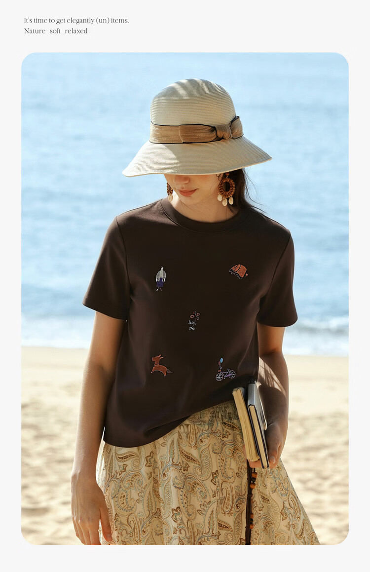 Olrain Classic Embroidered Crew Neck Short Sleeve T-Shirt Women Summer New Commuter Casual Top Brown XL 11