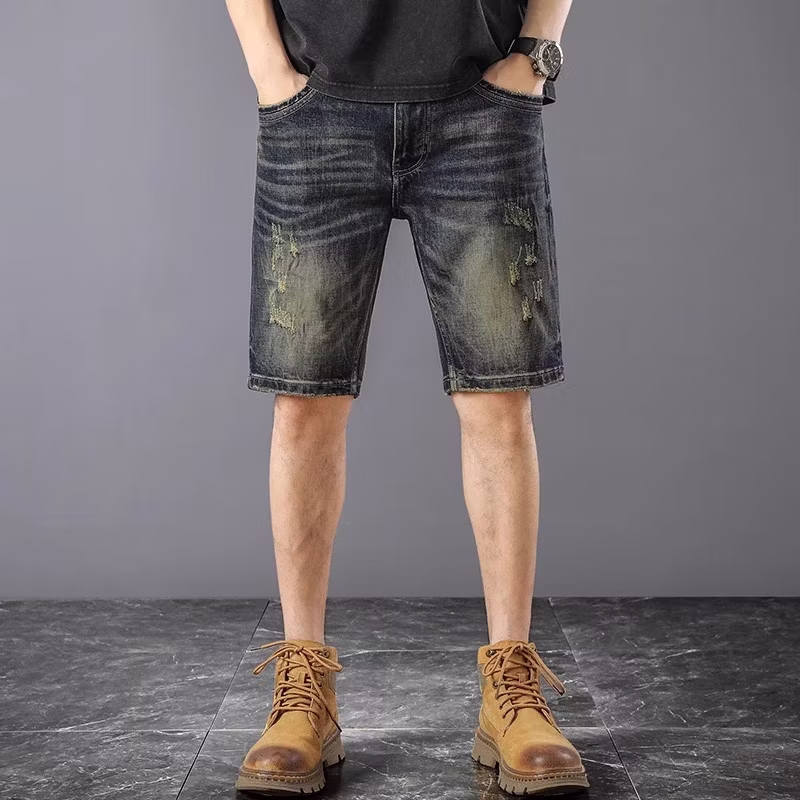 American Retro Denim Shorts Men's 2026 Summer Thin Ripped Scratched Design Handsome Casual Five-point Pants, Blue 28_mkmklike.com