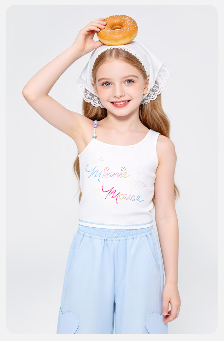Disney Girls Beaded Strap Tank Top Summer Dopamine Rhinestone Shirt Irregular Strap Blue Size 120 13
