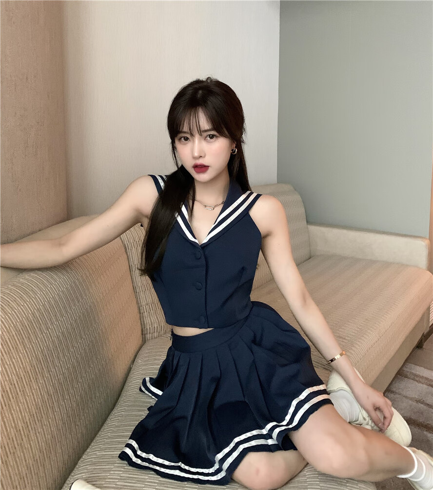商场同款lrtl轻奢性感露背海军领衬衣jk制服套装女夏季学院风高腰百褶