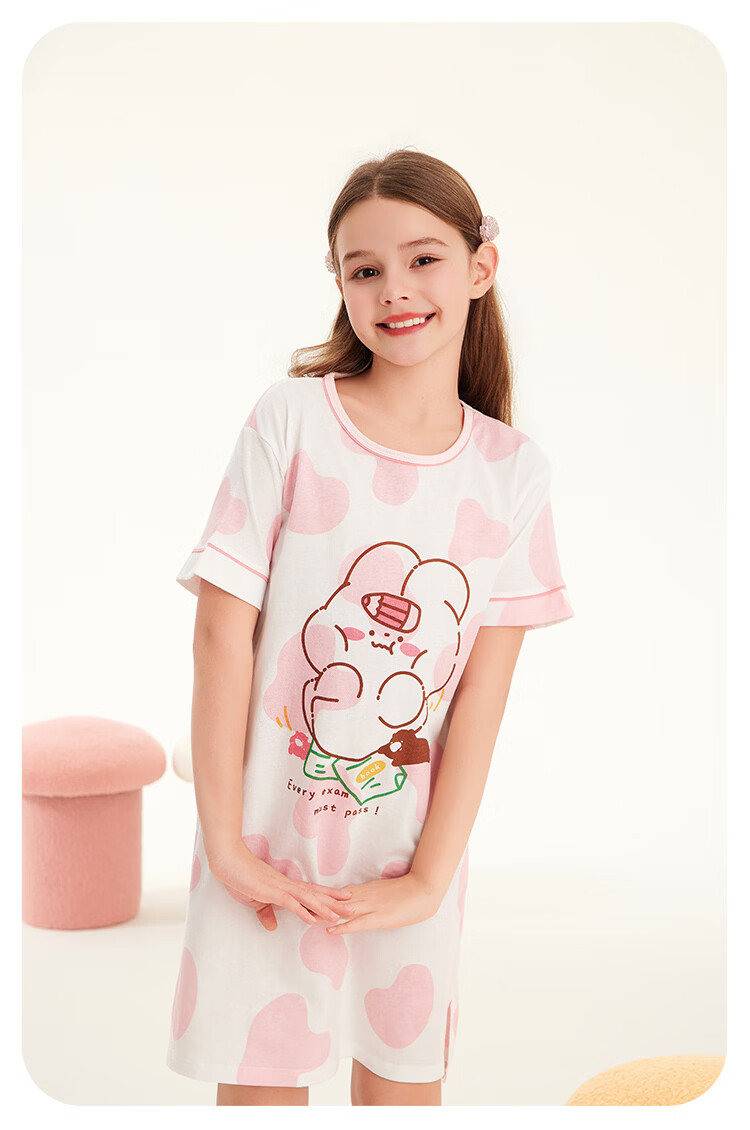 DEESHA 7A Antibacterial Skin-Friendly Pure Cotton Girls' Lightweight Breathable Summer Short Sleeve Home Dress 6