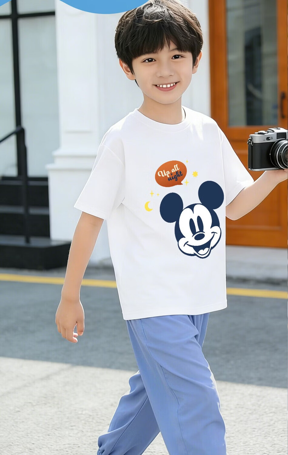Disney Kids Set Boys and Girls Cotton Short Sleeve Ice Silk Mosquito-Proof Pants Camping Indigo T-Shirt + Classic Mickey Gray Pants Size 140 6