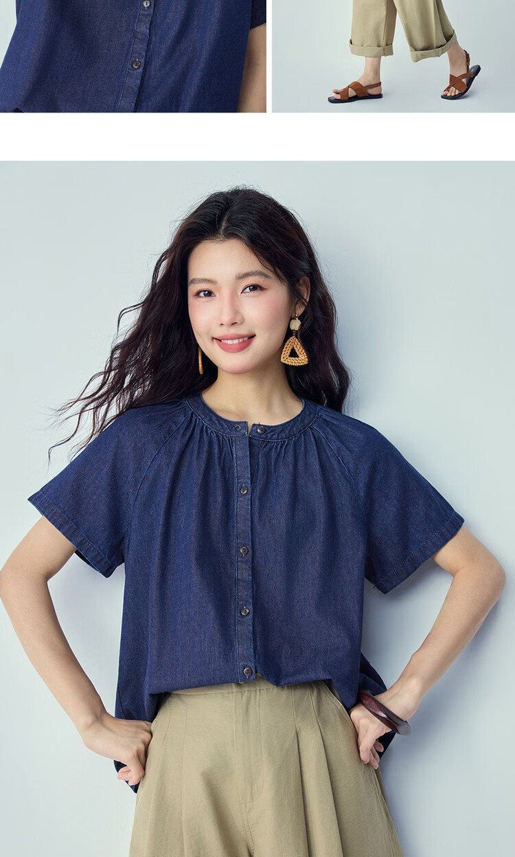 Giordano Summer New Lightweight Pure Cotton Loose Pleated Round Neck Raglan Short Sleeve Denim Shirt for Women 13346224 14