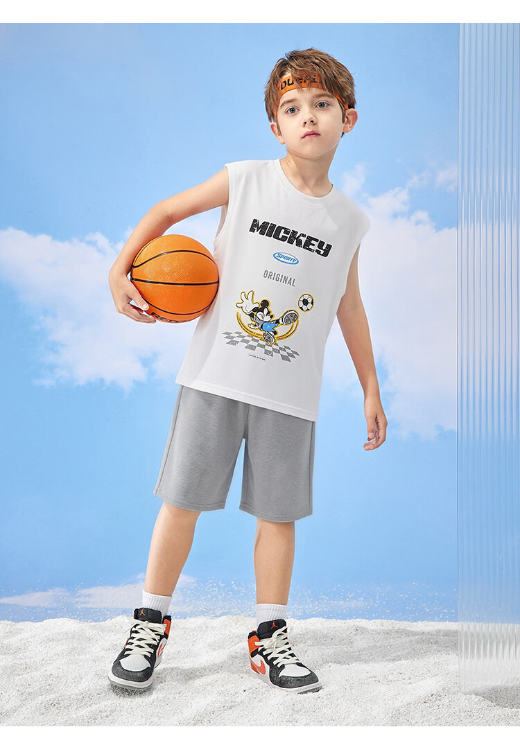 Disney Boys' Basketball Sports Set Summer Lightweight Sleeveless Vest and Shorts Two-Piece Set Medium Gray 140 11