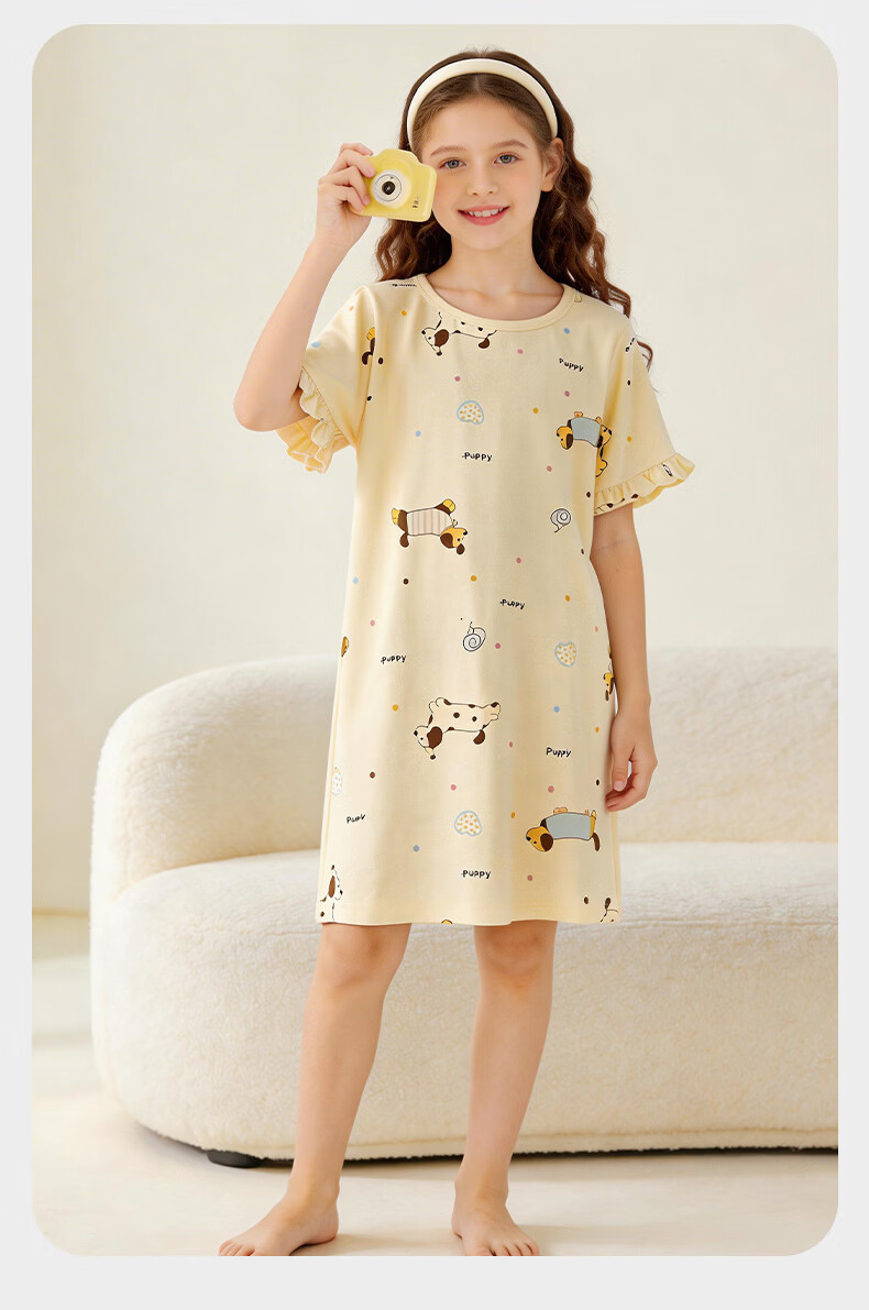 LangSha Girls' Cotton Sleep Dress A-Class Children's Pajamas Summer Thin Girls' Nightgown for Older Kids Middle School Students Homewear 17