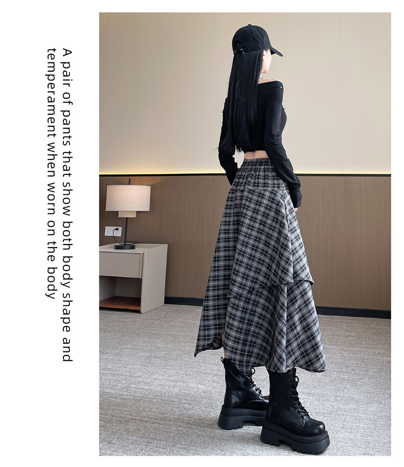 Langsha Irregular Checkered High-Waist Loose Slimming A-Line Mid-Length Skirt for Women Autumn 2026 New Style 15