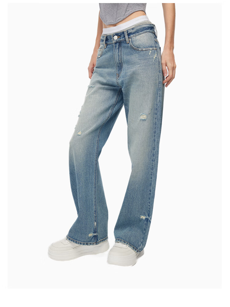 ANN ANDELMAN Official Two-Piece Style Elastic Waist Distressed Blue Denim Jeans for Women M 8
