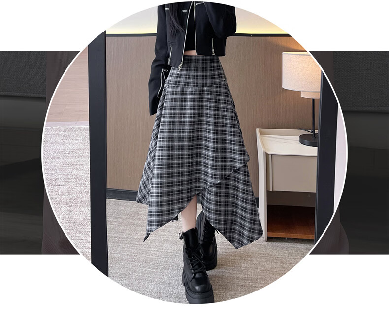 Langsha Irregular Checkered High-Waist Loose Slimming A-Line Mid-Length Skirt for Women Autumn 2026 New Style 3