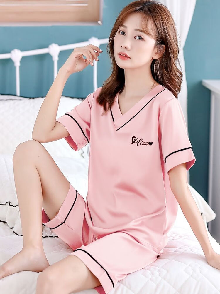 猫人miiow睡衣女夏季套装款冰丝睡裙性感迷人简约v领薄款女士家居服送