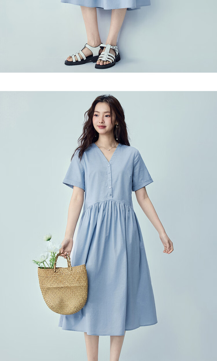 Giordano Women's Short Sleeve Dress 2026 Summer New Lyocell Cotton Spliced Pleated V-Neck Dress 13466253 17