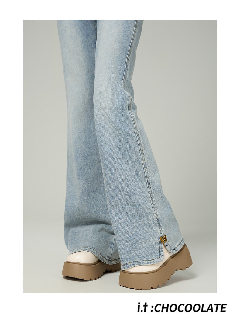 :CHOCOOLATE IT Split Flared Jeans for Women Spring Summer New Small Size Plus Size Flared Pants Light Blue XL 14