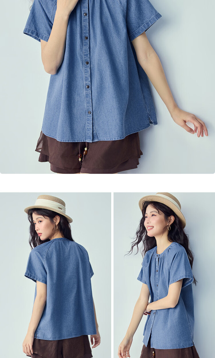Giordano Summer New Lightweight Pure Cotton Loose Pleated Round Neck Raglan Short Sleeve Denim Shirt for Women 13346224 9