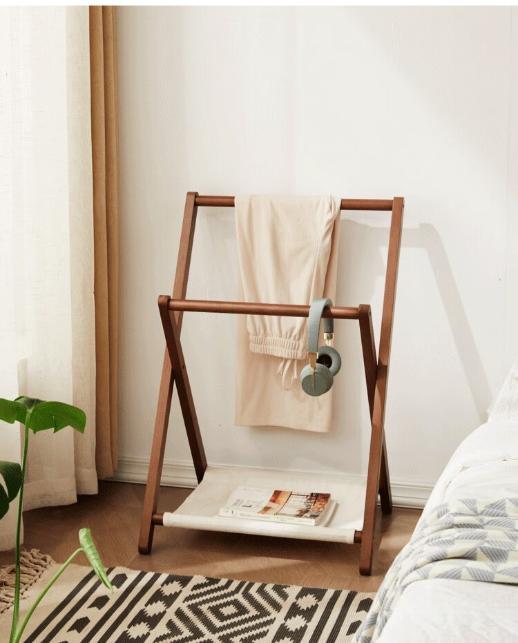 小型挂衣架床头放衣服神器收纳架置物架裤架卧室临时落地衣架 原木色
