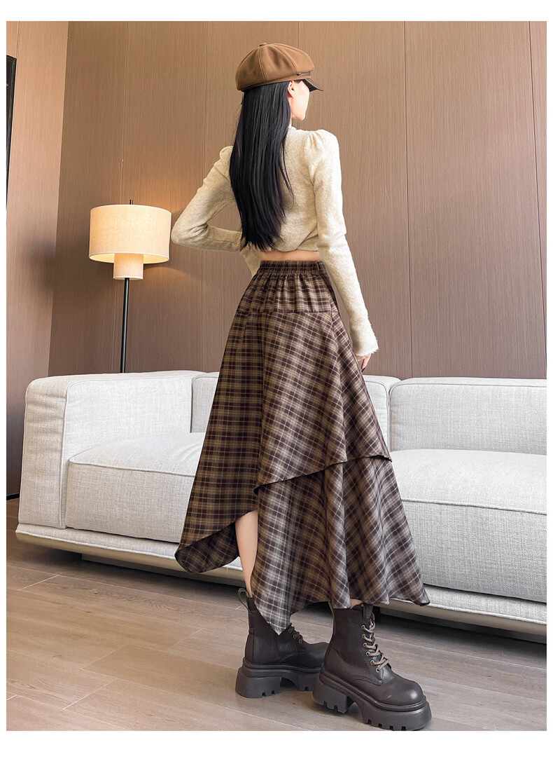 Langsha Irregular Checkered High-Waist Loose Slimming A-Line Mid-Length Skirt for Women Autumn 2026 New Style 20
