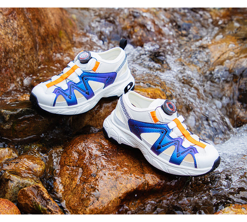 DR·KONG Full Contact Summer Sandals for Boys and Girls, Sports Style, Slip-On with Rotary Buckle, Model 2S10B2004FM, Beige/Blue, Size 32 14