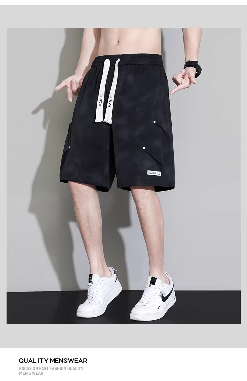 FARUISHI Men's Summer Ice Silk Quick-Dry Trendy Cargo Shorts Loose Fit Five-Point Sports Casual Pants Black 3XL 14