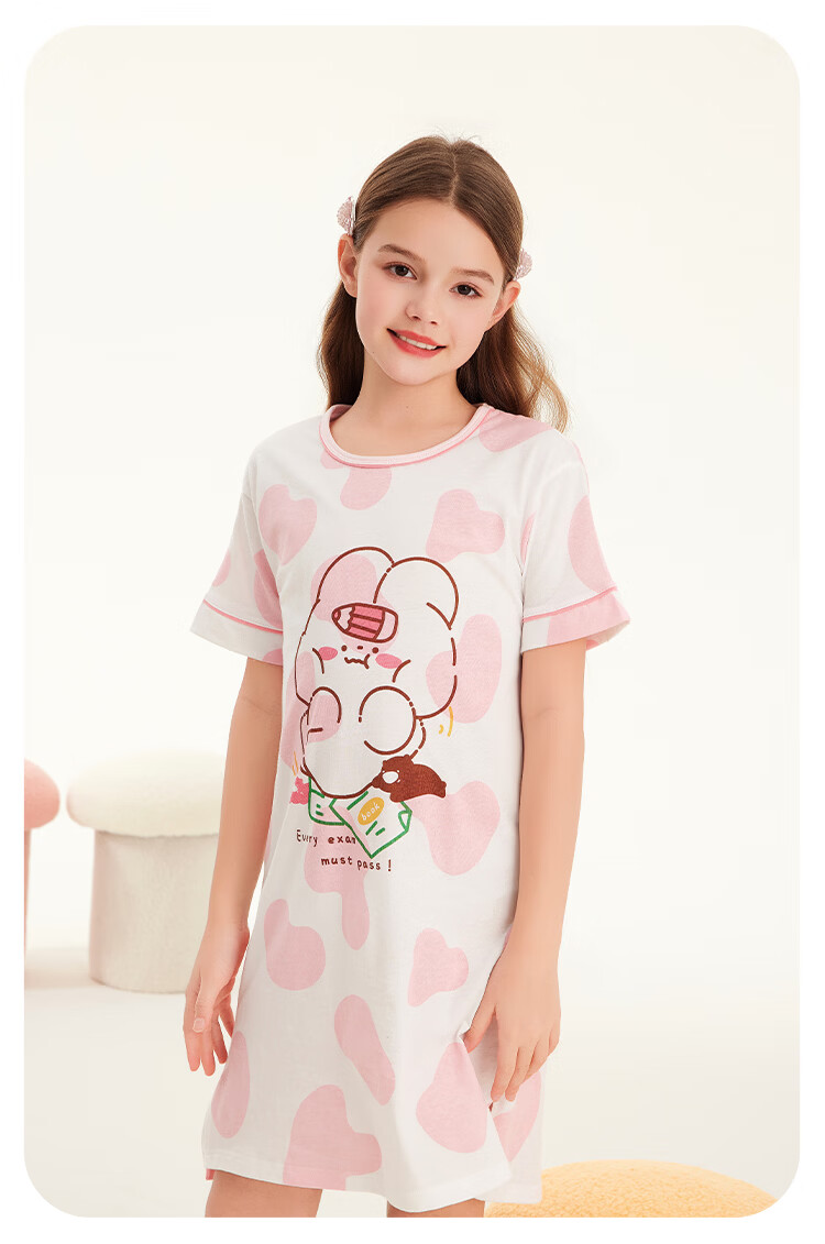 DEESHA 7A Antibacterial Skin-Friendly Pure Cotton Girls' Lightweight Breathable Summer Short Sleeve Home Dress 7