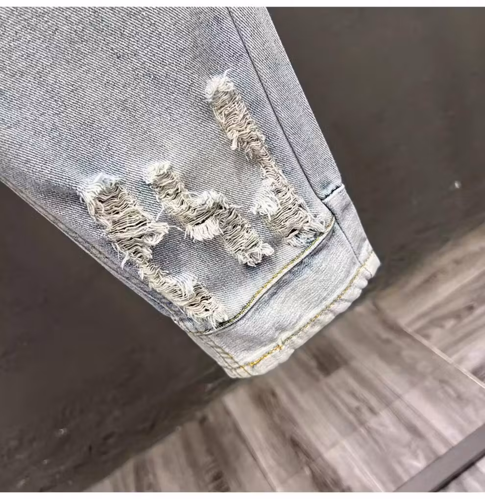 Ripped Nine-point Jeans Men's Summer Trendy Brand Elastic Straight Slim-fitting Pants Korean Version Of Student Ruffian Casual Pants, Blue 33_mkmklike.com
