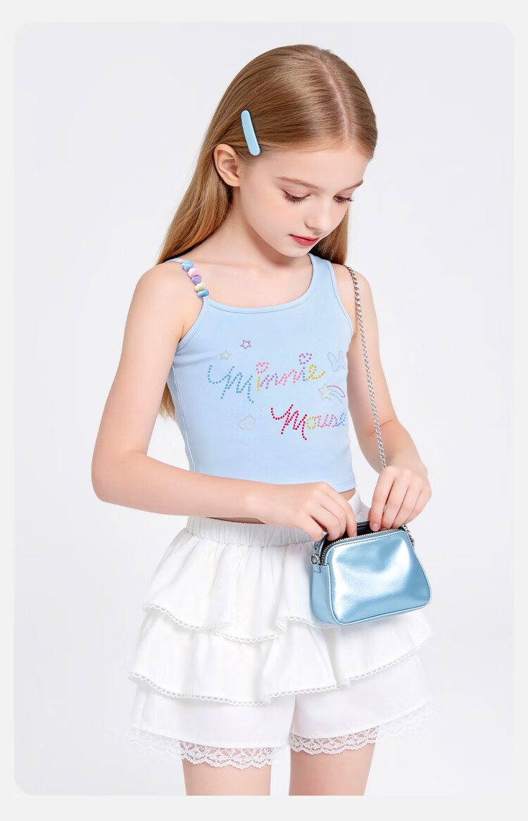 Disney Girls Beaded Strap Tank Top Summer Dopamine Rhinestone Shirt Irregular Strap Blue Size 120 15