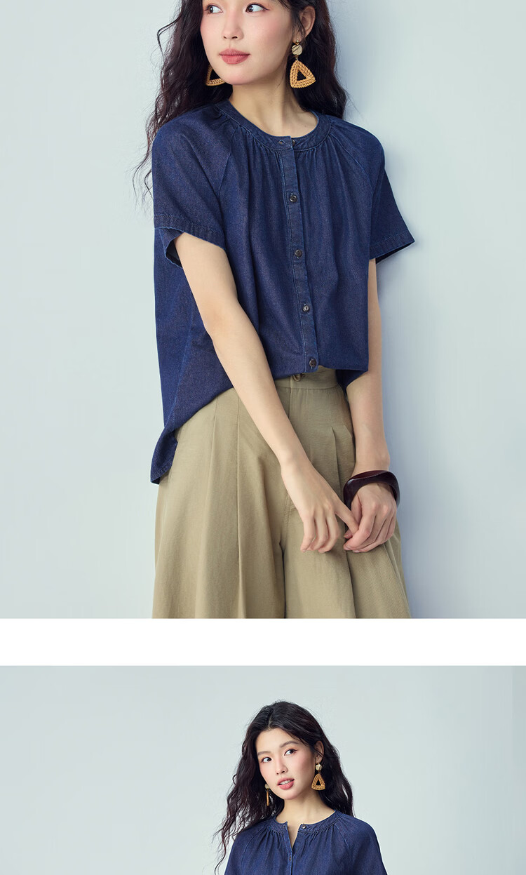 Giordano Summer New Lightweight Pure Cotton Loose Pleated Round Neck Raglan Short Sleeve Denim Shirt for Women 13346224 12