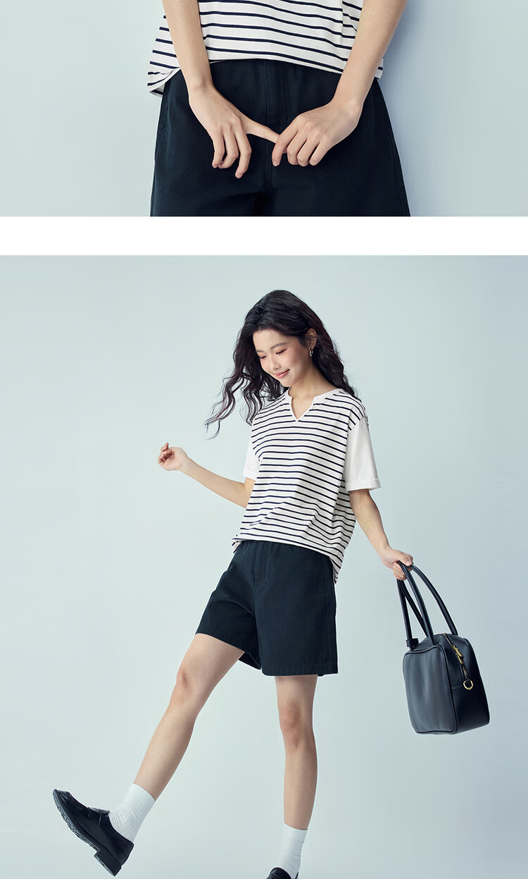 Giordano Women's Summer New Cotton Patchwork Striped Loose V-Neck Casual T-Shirt 13326234 13