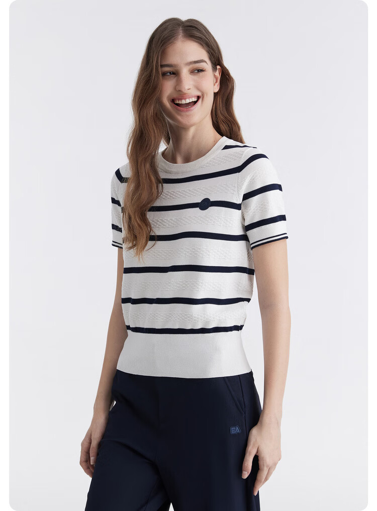 ELLE ACTIVE Colorblock Striped Knit Short Sleeve T-Shirt Women Casual Fashion Comfortable Versatile Crew Neck Top Summer Navy Blue L 8