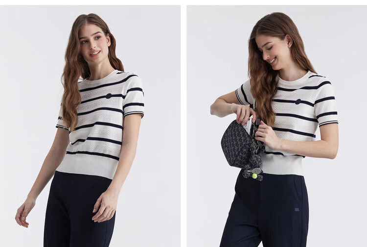 ELLE ACTIVE Colorblock Striped Knit Short Sleeve T-Shirt Women Casual Fashion Comfortable Versatile Crew Neck Top Summer Navy Blue L 18