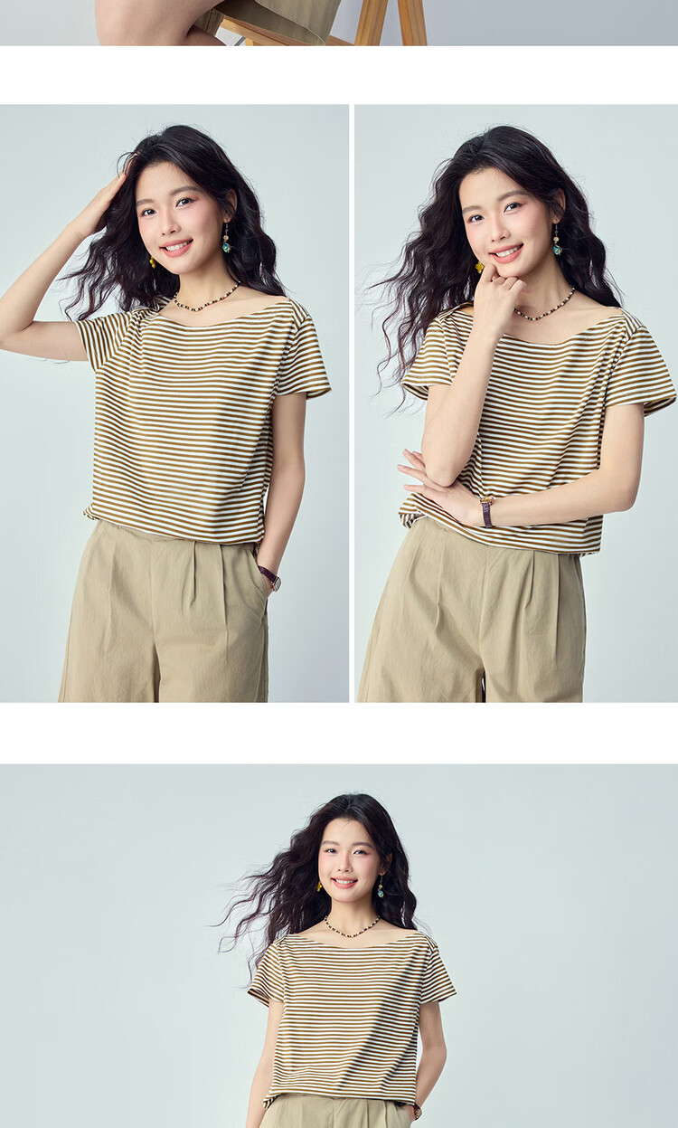 Giordano Women's Striped T-Shirt 2026 Summer New Pure Cotton Off-Shoulder Knit Short Sleeve Top 13326235 9