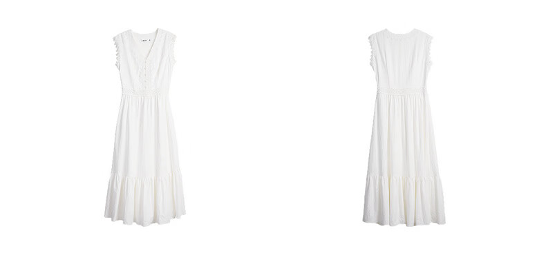 Olrain French Style V-Neck Lace Trim Waist Cinched Sleeveless Vest Dress Long Dress White M 7