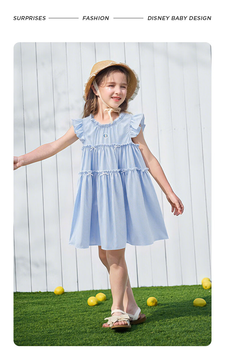 Disney Girls' Striped Summer Dress with Cap Sleeves, Blue and White Thin Stripes, Size 150 12