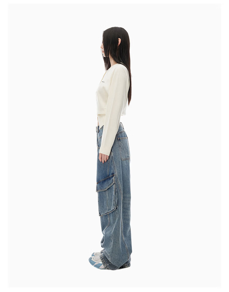 ANN ANDELMAN Star Style Four-Season Washed Vintage Diagonal Split Workwear Jeans Dark Blue 24 4