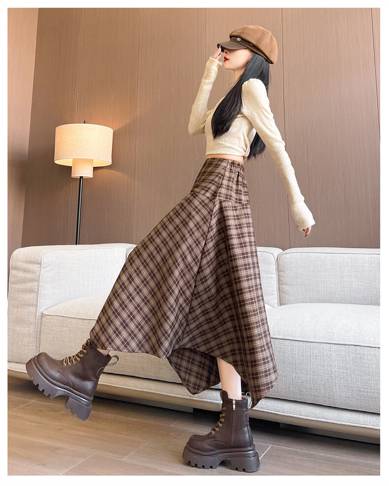 Langsha Irregular Checkered High-Waist Loose Slimming A-Line Mid-Length Skirt for Women Autumn 2026 New Style 18