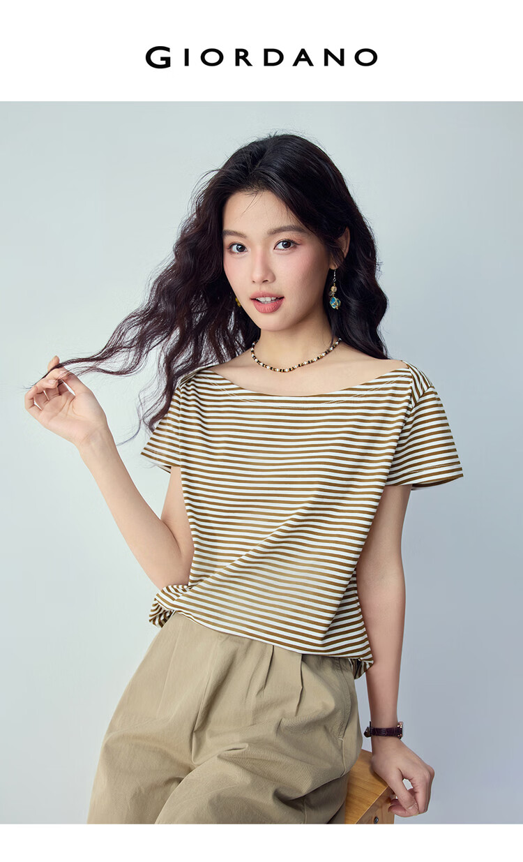 Giordano Women's Striped T-Shirt 2026 Summer New Pure Cotton Off-Shoulder Knit Short Sleeve Top 13326235 3