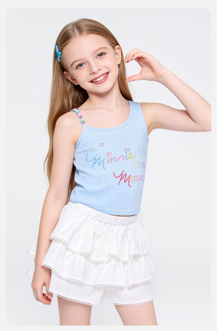 Disney Girls Beaded Strap Tank Top Summer Dopamine Rhinestone Shirt Irregular Strap Blue Size 120 14