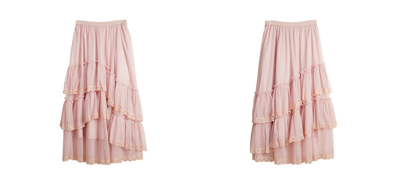 Olrain French Style Women's Skirt Spring Ruffle Lace Spliced Mesh Elegant Long Skirt Pink XL 5