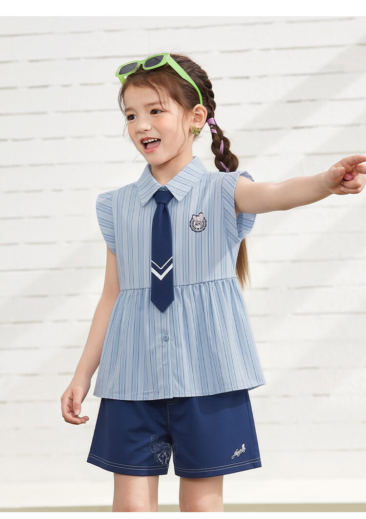 Disney Girls' Academy Style Two-Piece Set Striped Collar Shirt Summer Outfit Blue Vertical Stripes 140 11