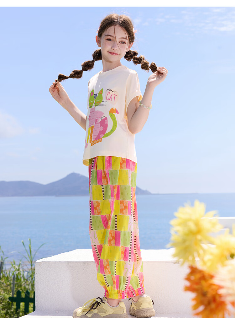 CHANZUIGOU Girls Dopamine Set 2026 Summer New Stylish Kids Short Sleeve Pants Antibacterial Cooling Two-Piece Set 29